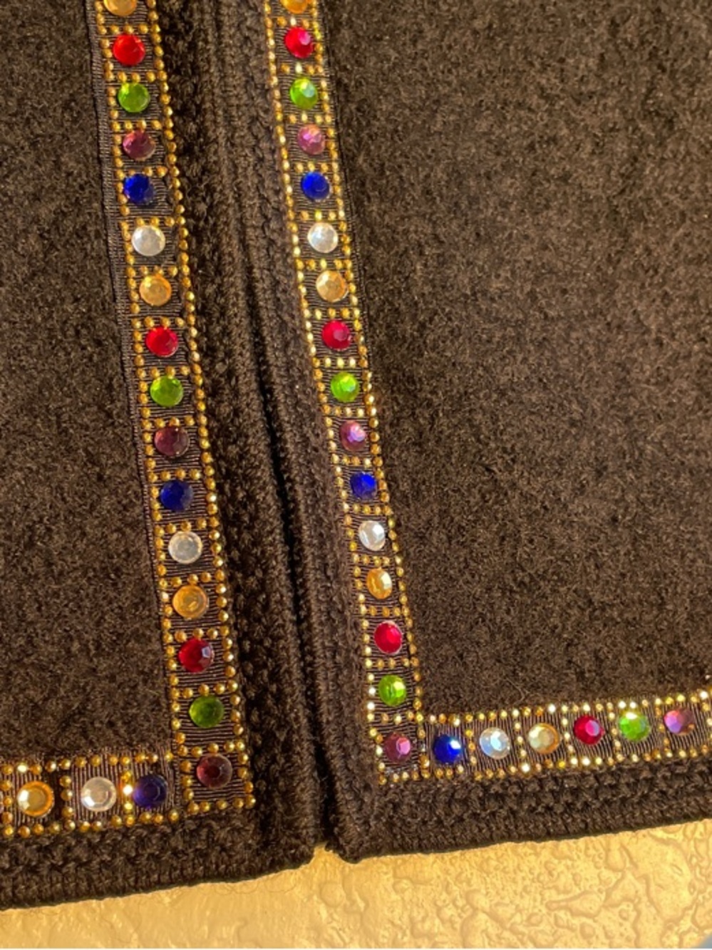 Lisa International Black Wool Zip Vest with Multicolor Jewel Trim • Large - Picture 3 of 6